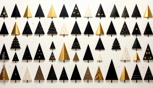 흰색 배경 위에 우아한 검정색과 화려한 금색으로 표현된 다양한 기하학적 스타일의 크리스마스 트리 아이콘들이 가로로 정렬되어 있는 현대적이고 세련된 디자인의 연말 연시 축제 배경 일러스트레이션입니다.