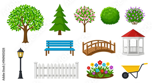 Collection of colorful park elements including trees benches and a gazebo