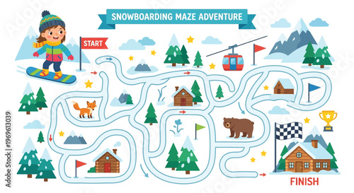 A colorful snowboarding maze featuring a girl animals and a winter landscape