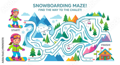 A colorful snowboarding maze challenges players to find the path to the chalet