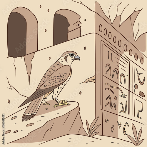 Desert Falcon, Ancient Egyptian Hieroglyphics, Beige Vector Illustration, Wildlife Scene