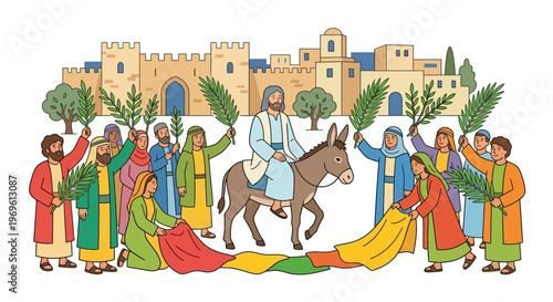 Jesus triumphal entry into jerusalem depicted in a colorful illustration