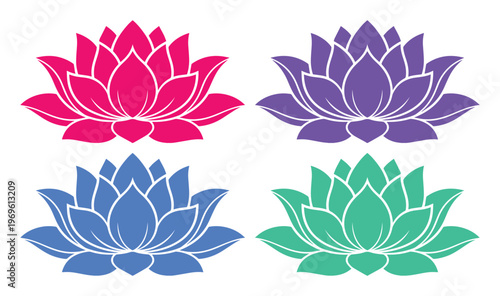 Vibrant lotus flower vector set, four colorful floral illustrations, elegant water lily design elements, spiritual and wellness graphics for branding and decoration