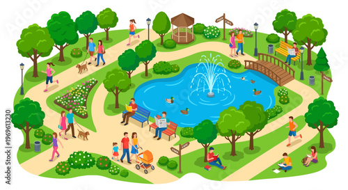 A vibrant park scene with people enjoying a sunny day outdoors