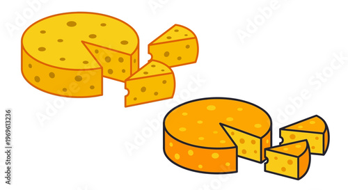 Illustration of swiss cheese wheels with cut portions displayed