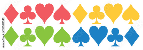 Colorful Playing Card Suits, a vibrant vector collection of hearts, spades, diamonds, and clubs. Modern graphic elements for casino, gaming, and entertainment designs.