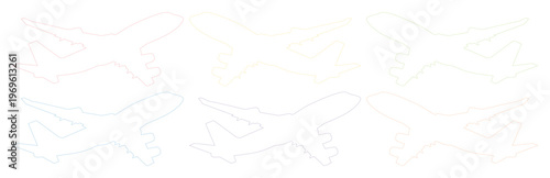 Minimalist airplane outline vector set, subtle pastel gradient aircraft icons, modern aviation travel symbols for web and print design, light transportation graphics
