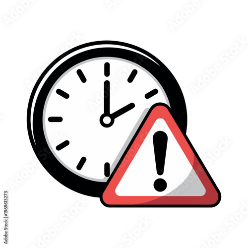 A warning sign with an exclamation mark in front of a clock on a white background