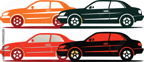 Four cars with different colors shown in a simple design, parked close to each other in a line at daytime