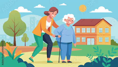 Elderly woman takes a walk in the park with a young caregiver on a sunny day in a vibrant community setting