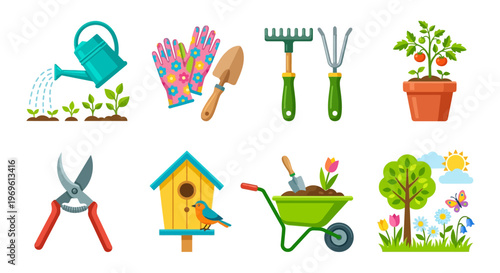 Colorful gardening tools plants birdhouse and garden elements illustration