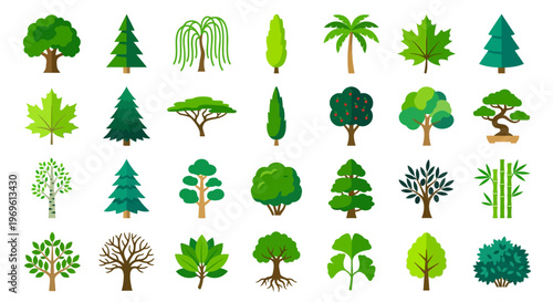 Collection of diverse stylized green trees and foliage illustrations