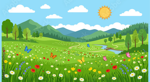 A vibrant landscape depicting rolling green hills a river and butterflies