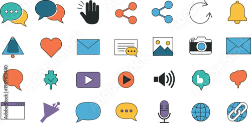 Communication and media flat icons set with chat message camera audio and social symbols for apps interfaces and digital platforms