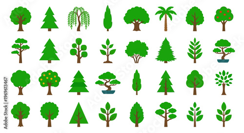 Collection of various green trees in a flat cartoon style