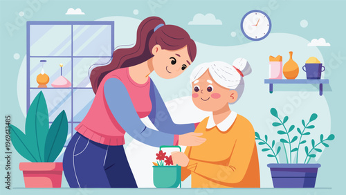 Young woman helps older woman with gardening activity inside a bright room during the day