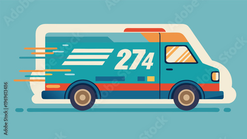 Delivery van moves quickly on a blue background with bold colors and a number displayed on its side