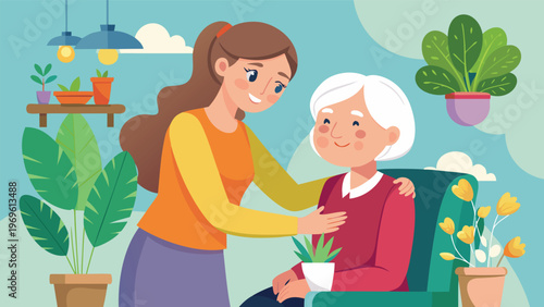 Young woman helps elderly woman in a cozy indoor setting surrounded by plants and warm colors during daytime