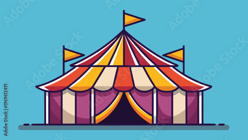Bright circus tent stands in front of blue background with colorful flags on top and large entrance for visitors
