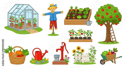 Colorful garden illustration featuring a greenhouse scarecrow and various plants