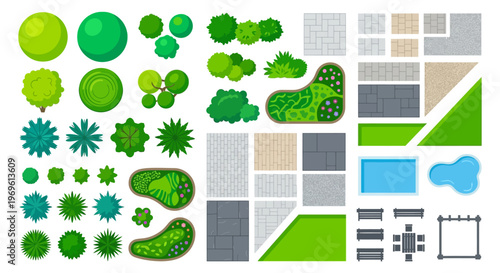 Top down view of various landscaping elements and garden designs