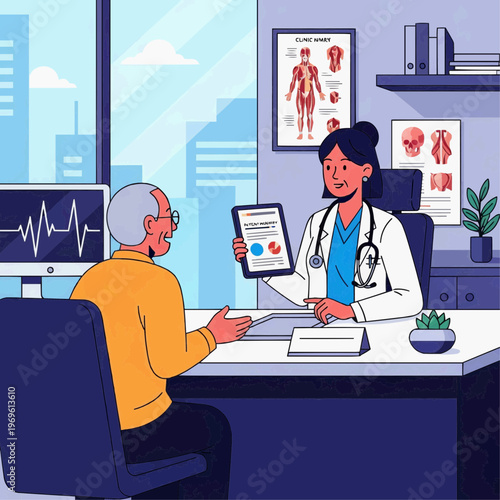 Flat 2D vector illustration of a doctor consulting with an elderly patient in a modern clinic room, showing medical charts on a tablet.