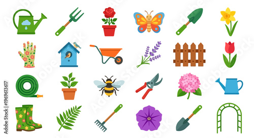 Colorful gardening icons including tools flowers insects and garden elements