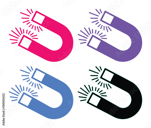Vibrant horseshoe magnet vector icons, attracting attention with a strong magnetic field. Bold, colorful U-shaped magnets in a modern flat design, perfect for business, science