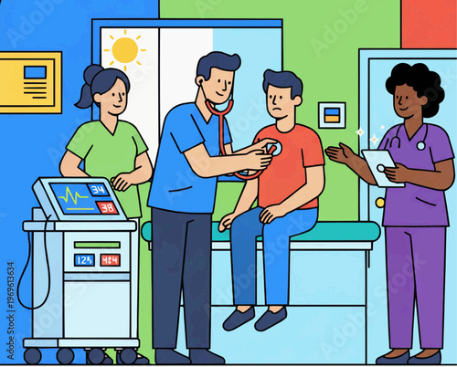 Flat 2D vector illustration of a medical checkup in a hospital room with doctors and nurses examining a patient using medical equipment.