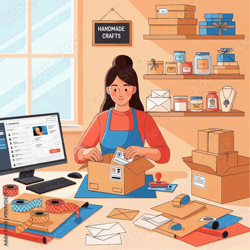 Vector illustration of a female small business owner packing handmade products in boxes at her home workshop for online orders.