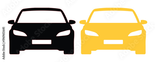 Modern car icons, black and yellow vehicle silhouettes, front view vector graphics for transport, automotive, and navigation designs. Minimalist automobile symbols for web and app interfaces.