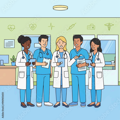 Flat 2D vector illustration of a diverse medical team including doctors and nurses standing together in a hospital, representing teamwork in healthcare.