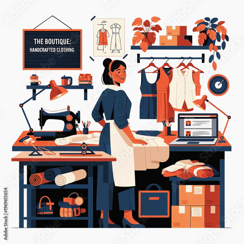 Flat 2D vector illustration of a proud female solo entrepreneur standing in her organized clothing workshop and boutique.