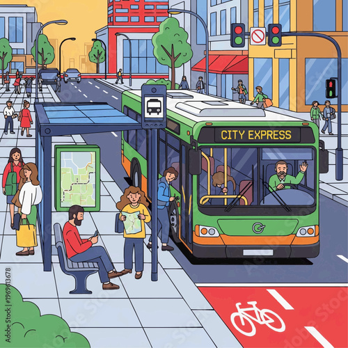 Vector illustration of a colorful city bus picking up passengers at a busy urban bus stop on a street.