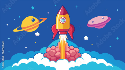 Rocket launching into space surrounded by planets and stars on a clear night sky