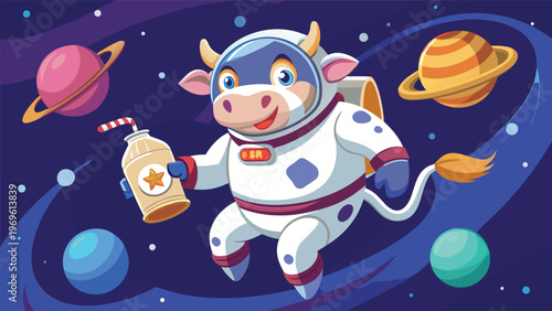 Cow in space drinking milk while floating among planets and stars
