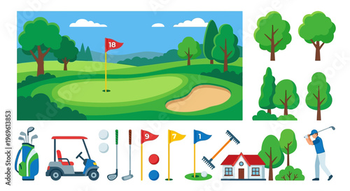 A vibrant illustration of a golf course with various elements