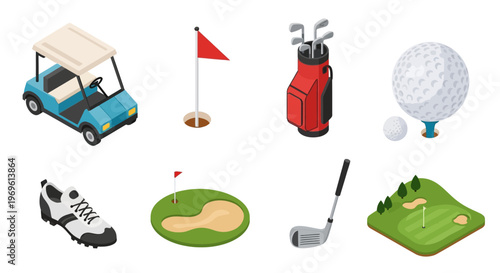 Isometric golf equipment including a cart clubs and course elements