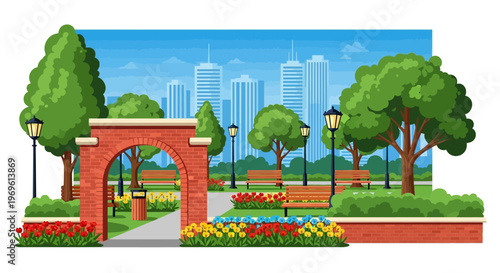 A picturesque park entrance overlooks a vibrant cityscape in the distance