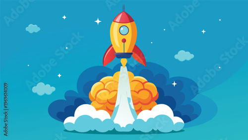 Rocket launches in bright sky with clouds and stars in background during daytime