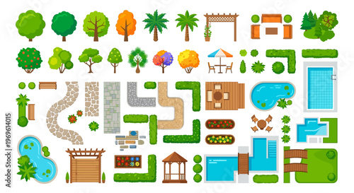 Colorful collection of garden elements trees and outdoor furniture