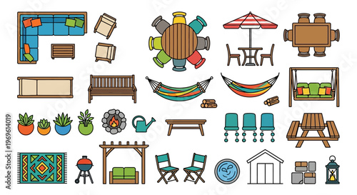 Colorful illustration of outdoor furniture and decorative elements arranged overhead