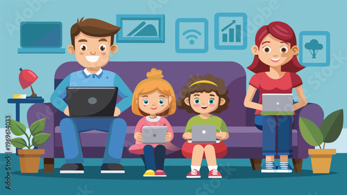 Family with devices sits on a couch at home while engaging with technology together