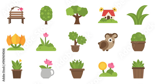 Colorful cartoon illustrations of plants flowers a house and a bird