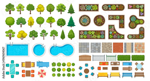 Collection of colorful garden and outdoor furniture vector elements