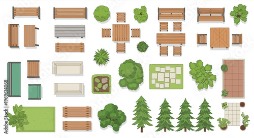 Aerial view of park furniture and landscaping elements arranged on white