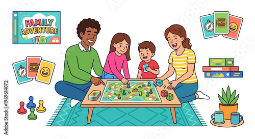 Family enjoying a colorful board game together at a cozy table