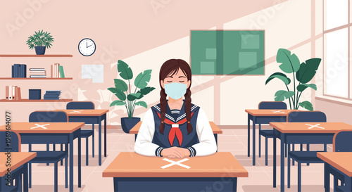 Student wearing a protective face mask sits alone at a desk in a socially distanced classroom with empty seats marked for safety protocols.