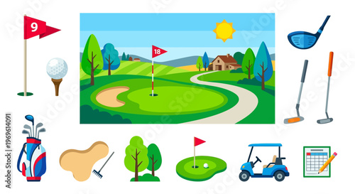 Colorful illustration depicting a golf course with equipment and scenic elements
