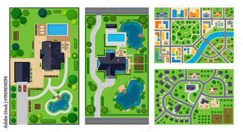 Aerial view illustrations of various residential property layouts and landscapes
